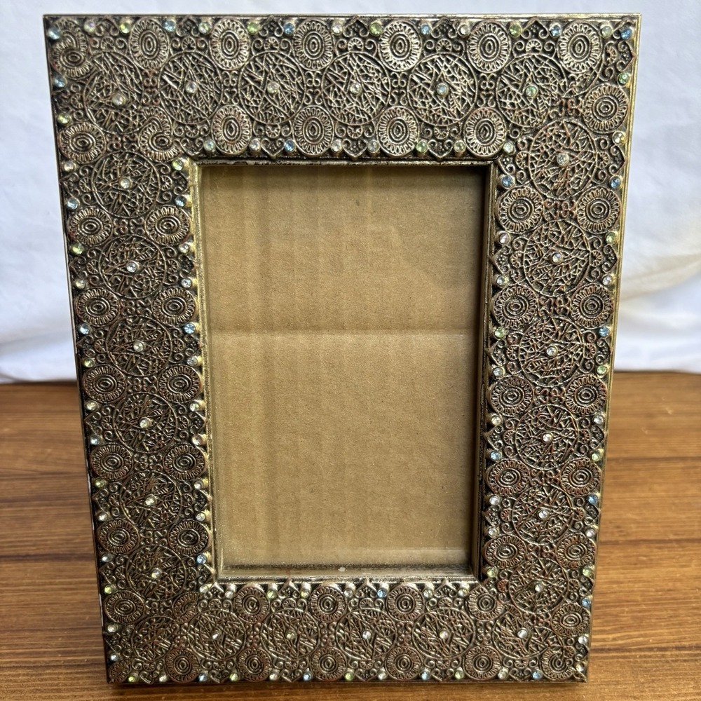 Pier 1 Imports Bronze Tone Rhinestone Embossed 5x7 Picture Frame Tabletop Decor